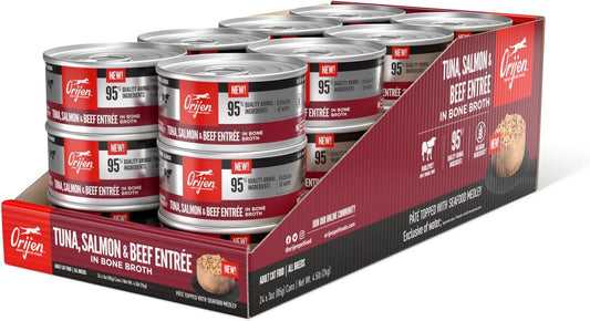 Premium Pate Wet Cat Food in Bone Broth Tuna Salmon & Beef Entrée 3Oz Cans (24 Count)