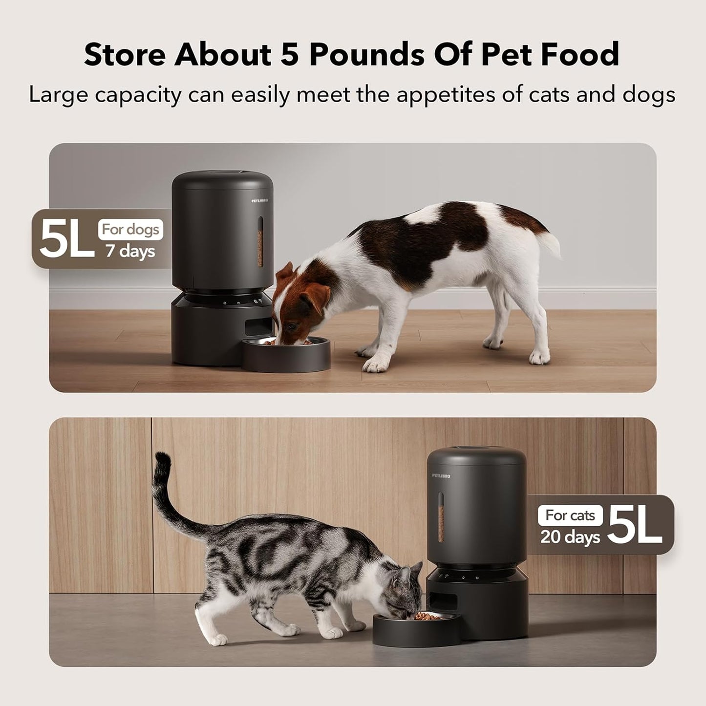 5L WiFi Automatic Cat and Dog Feeder with Freshness Preservation, Low Food Sensor, and Timed Meal Dispensing for Up to 10 Meals per Day - Black