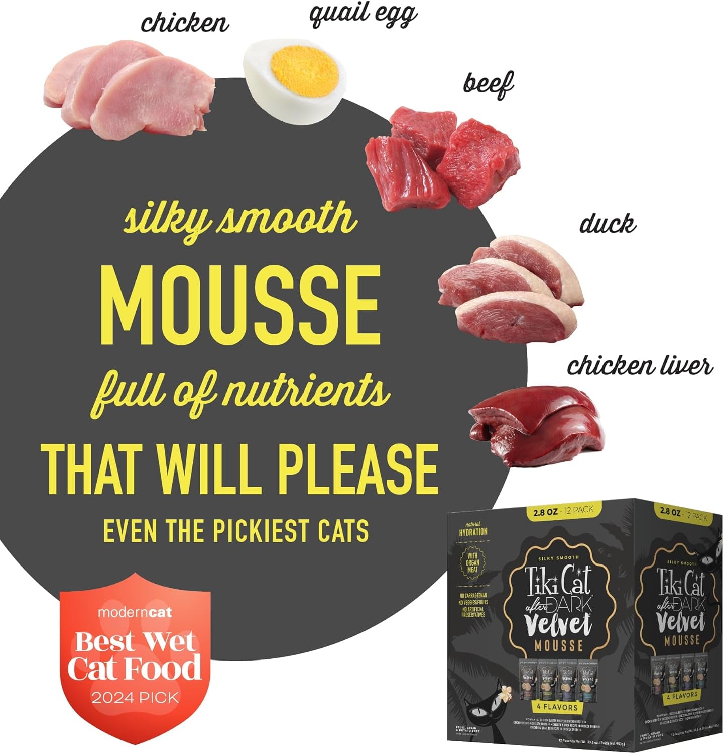 Tiki Cat after Dark, Velvet Mousse, Variety Pack, Grain & Potato Free Formula, with High Protein & Nutrient Dense Blended Irresistible Organ Meat, 2.8 Oz. Pouch (Pack of 12)