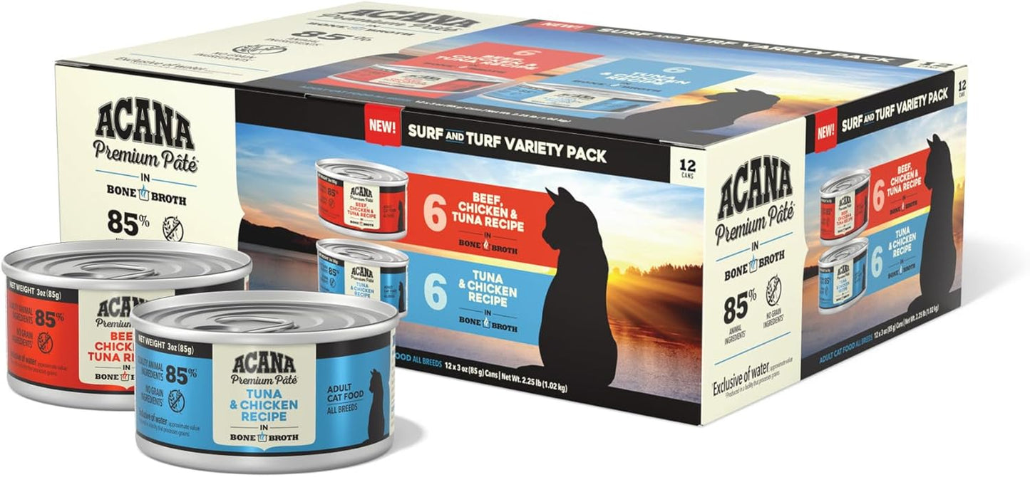 Premium Pate Wet Cat Food in Bone Broth Variety Pack: Surf and Turf – Beef Chicken & Tuna + Tuna & Chicken Recipes 3Oz Cans (12 Count, 6 of Each)