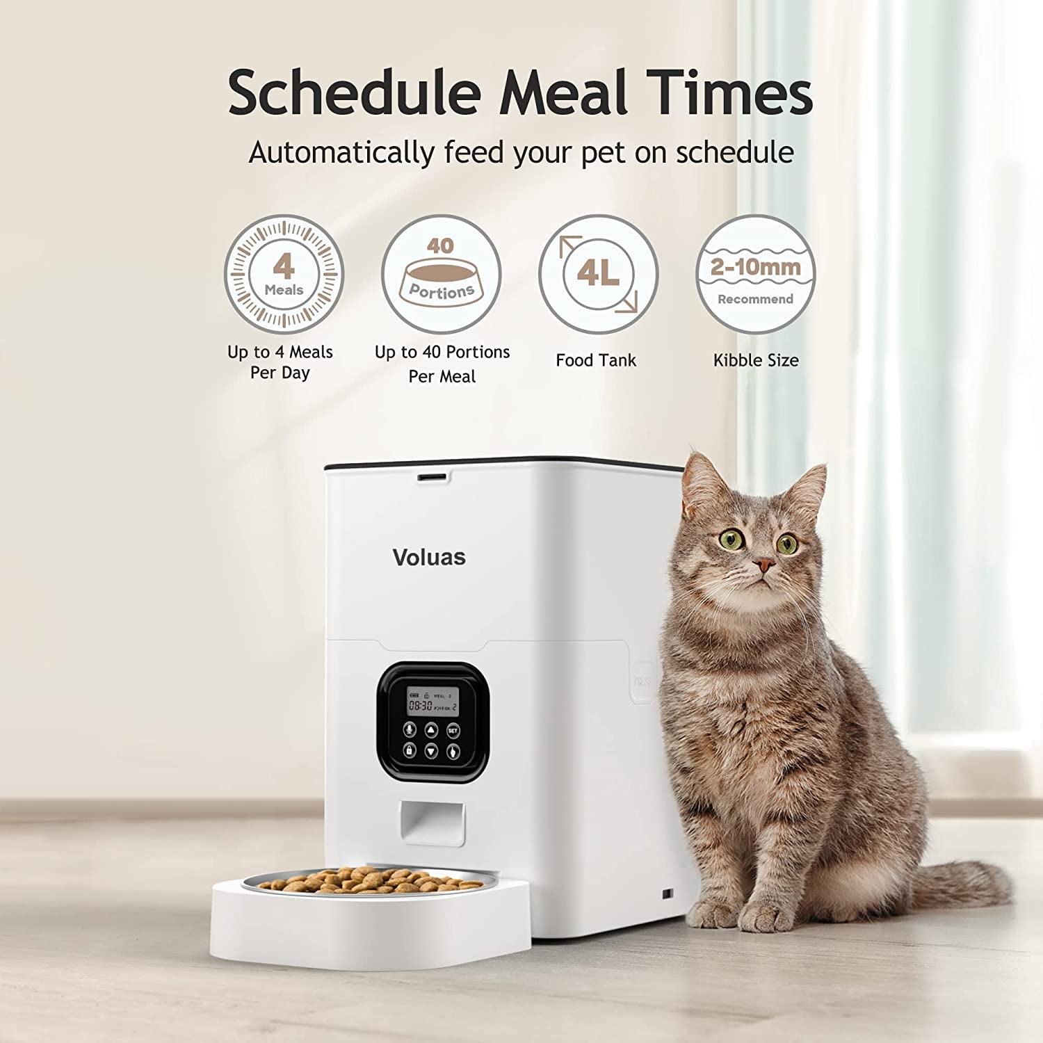 Automatic Pet Feeder - Programmable Timed Dispenser for Cats and Dogs with Portion Control, 4 Meal Settings, and Voice Recording Function