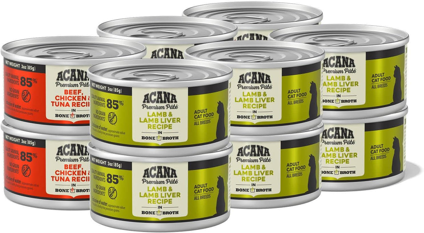 Premium Pate Wet Cat Food in Bone Broth Variety Pack: Beef Chicken & Tuna + Lamb 3Oz Cans (12 Count, 6 of Each)