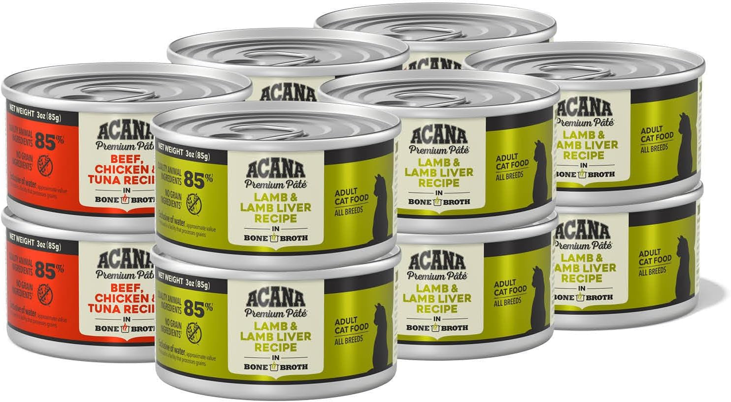 Premium Pate Wet Cat Food in Bone Broth Variety Pack: Beef Chicken & Tuna + Lamb 3Oz Cans (12 Count, 6 of Each)