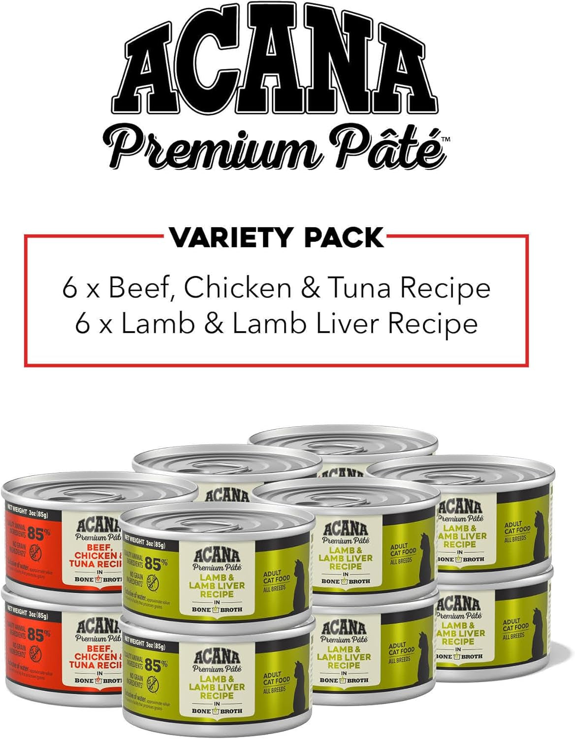 Premium Pate Wet Cat Food in Bone Broth Variety Pack: Beef Chicken & Tuna + Lamb 3Oz Cans (12 Count, 6 of Each)