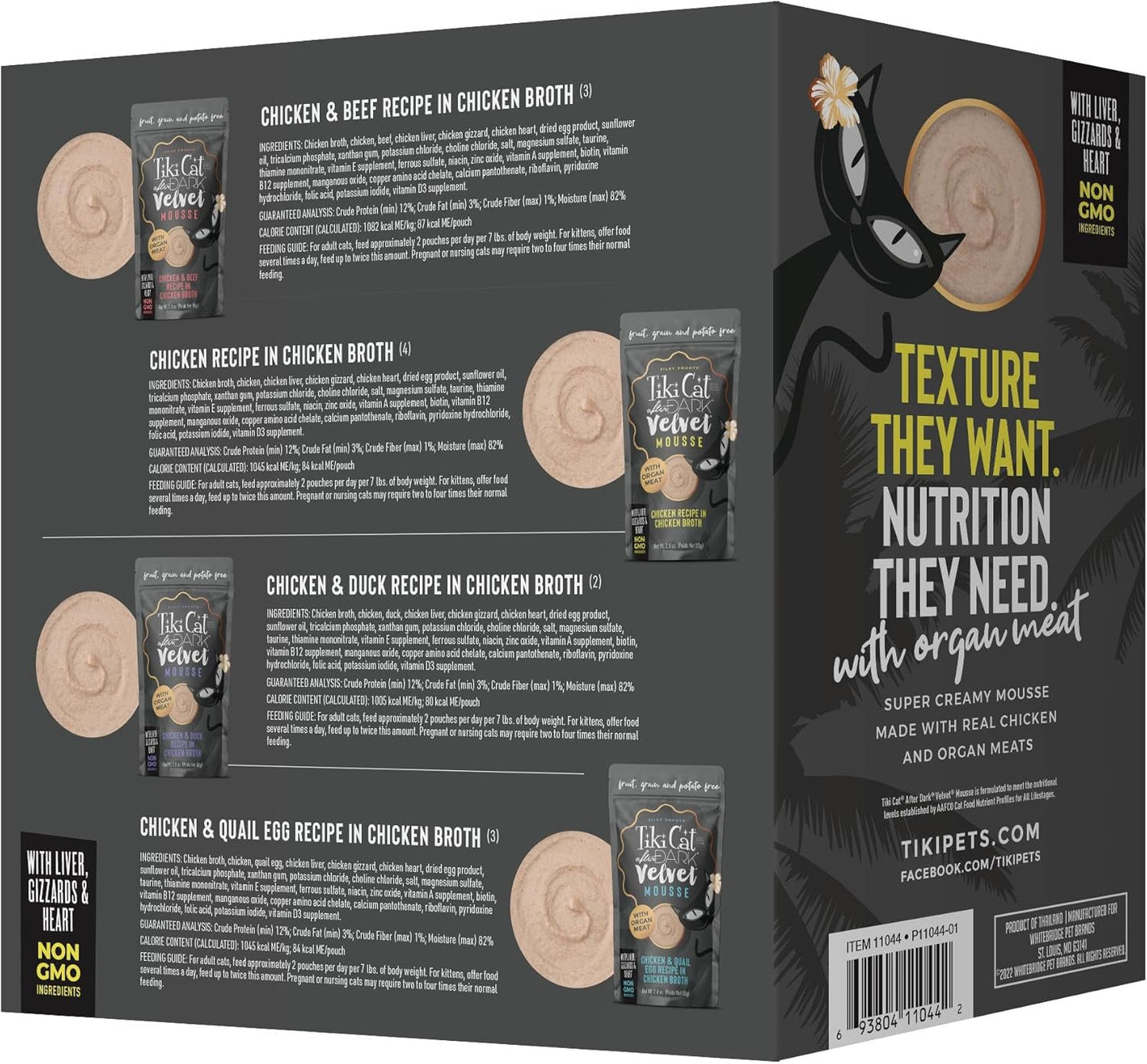 Tiki Cat after Dark, Velvet Mousse, Variety Pack, Grain & Potato Free Formula, with High Protein & Nutrient Dense Blended Irresistible Organ Meat, 2.8 Oz. Pouch (Pack of 12)