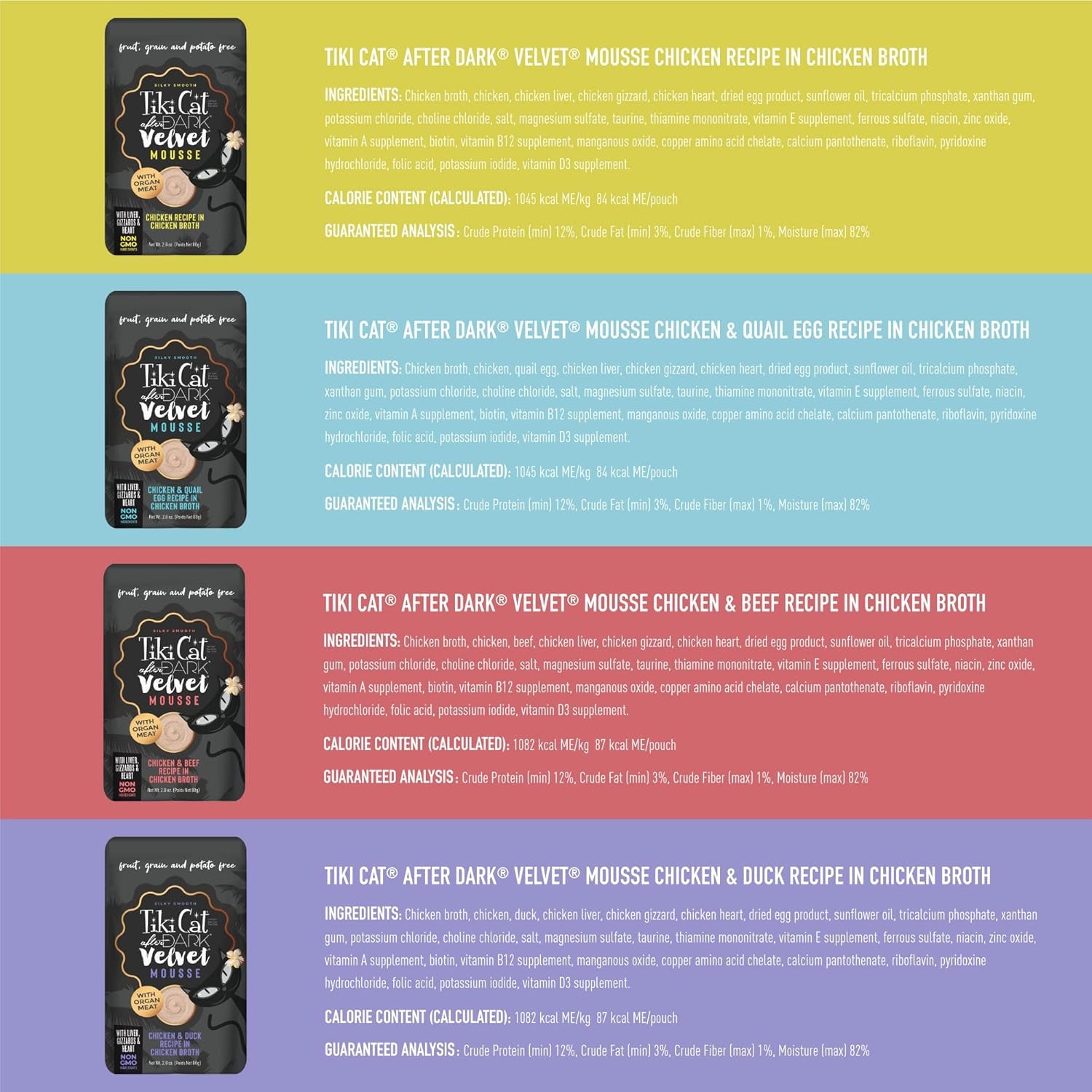 Tiki Cat after Dark, Velvet Mousse, Variety Pack, Grain & Potato Free Formula, with High Protein & Nutrient Dense Blended Irresistible Organ Meat, 2.8 Oz. Pouch (Pack of 12)