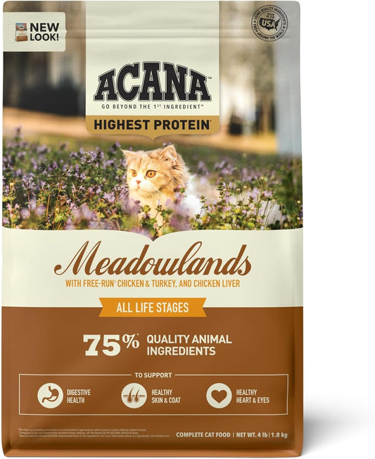 Highest Protein Meadowlands Grain-Free Dry Cat Food, Free-Run Chicken and Turkey and Chicken Liver Cat Food Recipe, 4Lb