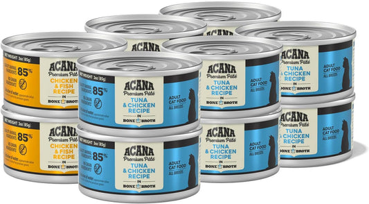 Premium Pate Wet Cat Food in Bone Broth Variety Pack: Chicken & Fish + Beef Chicken & Tuna Recipes 3Oz Cans (12 Count, 6 of Each)