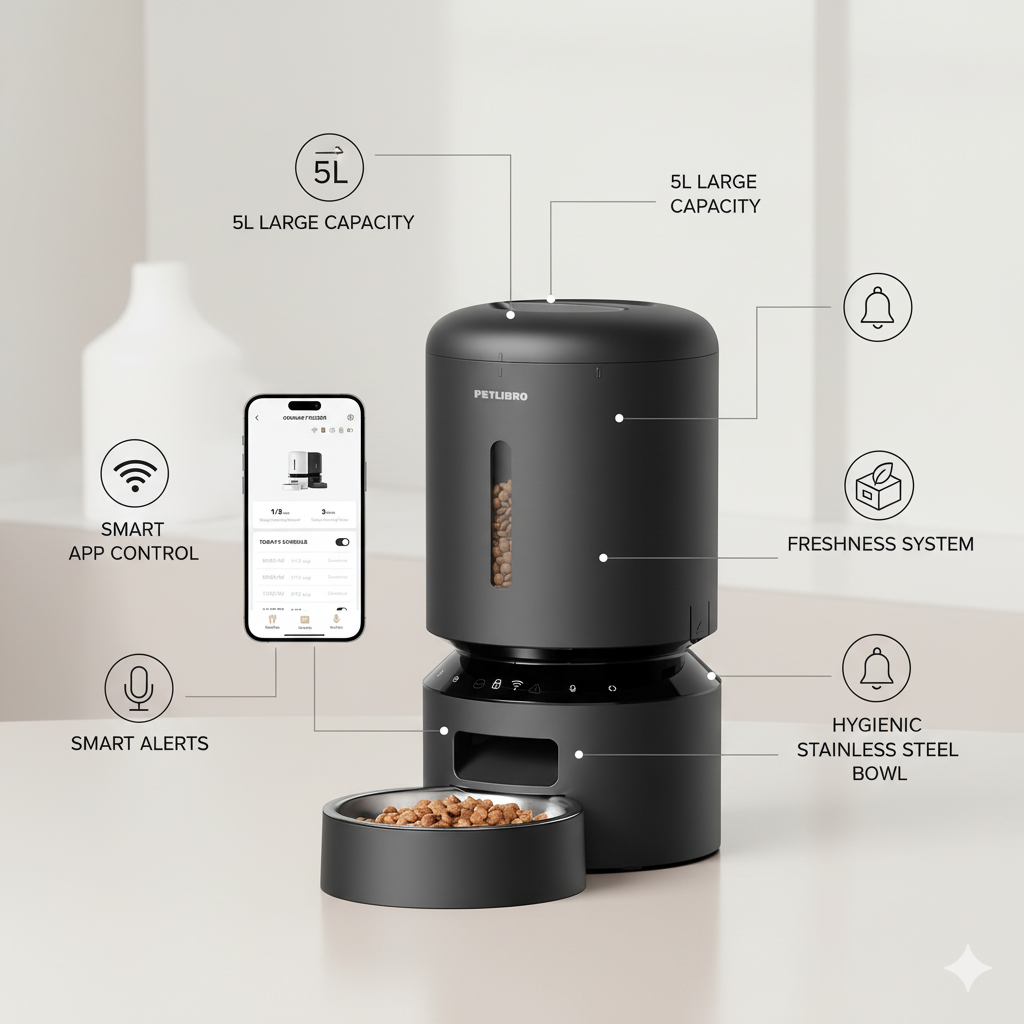 5L WiFi Automatic Cat & Dog Feeder – Smart Pet Food Dispenser with App Control, Freshness Lock, Low Food Sensor & Up to 10 Meals/Day (Black)