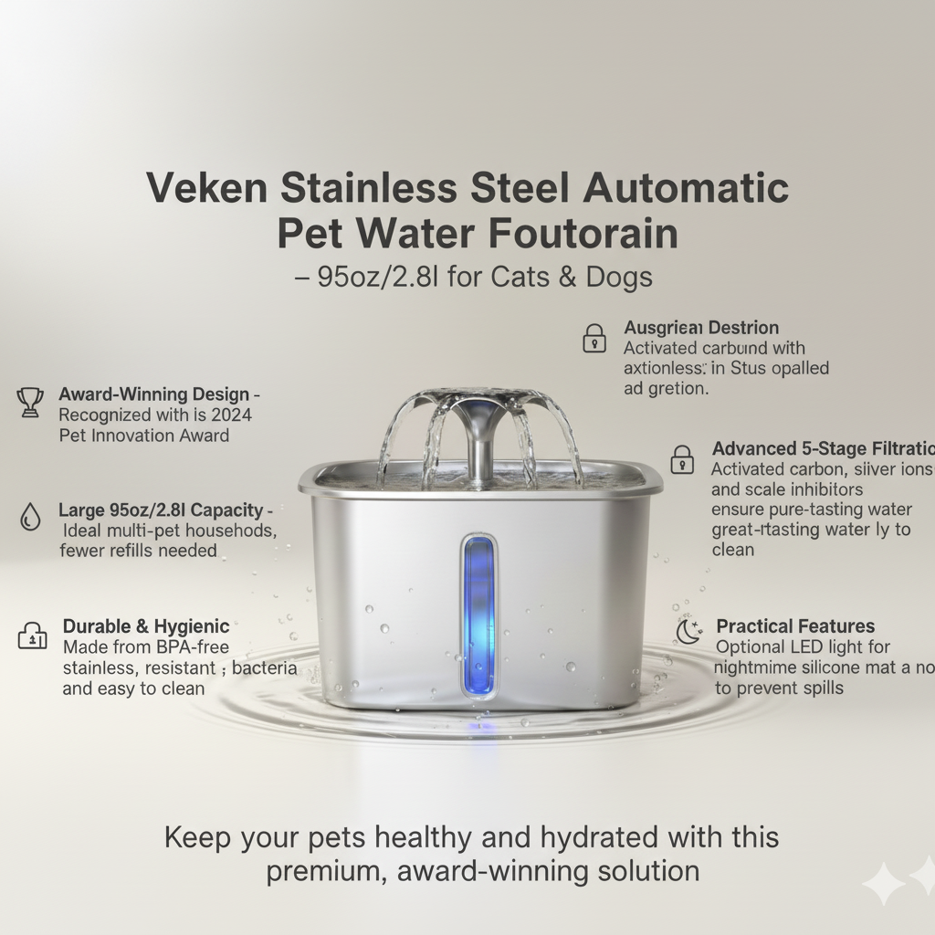 Stainless Steel Automatic Pet Water Fountain – 95oz/2.8L Cat & Dog Hydration Dispenser with Quiet Pump, Filters & Non-Slip Mat (Silver)