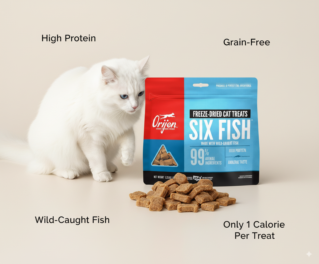 Premium Grain-Free Cat Treats – Freeze-Dried Six Fish Recipe, High-Protein Natural Snacks (1.25 oz)