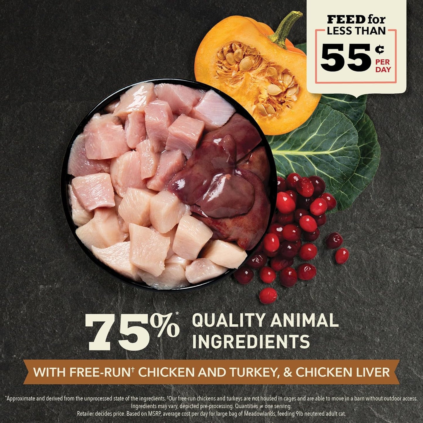 Highest Protein Meadowlands Grain-Free Dry Cat Food, Free-Run Chicken and Turkey and Chicken Liver Cat Food Recipe, 4Lb