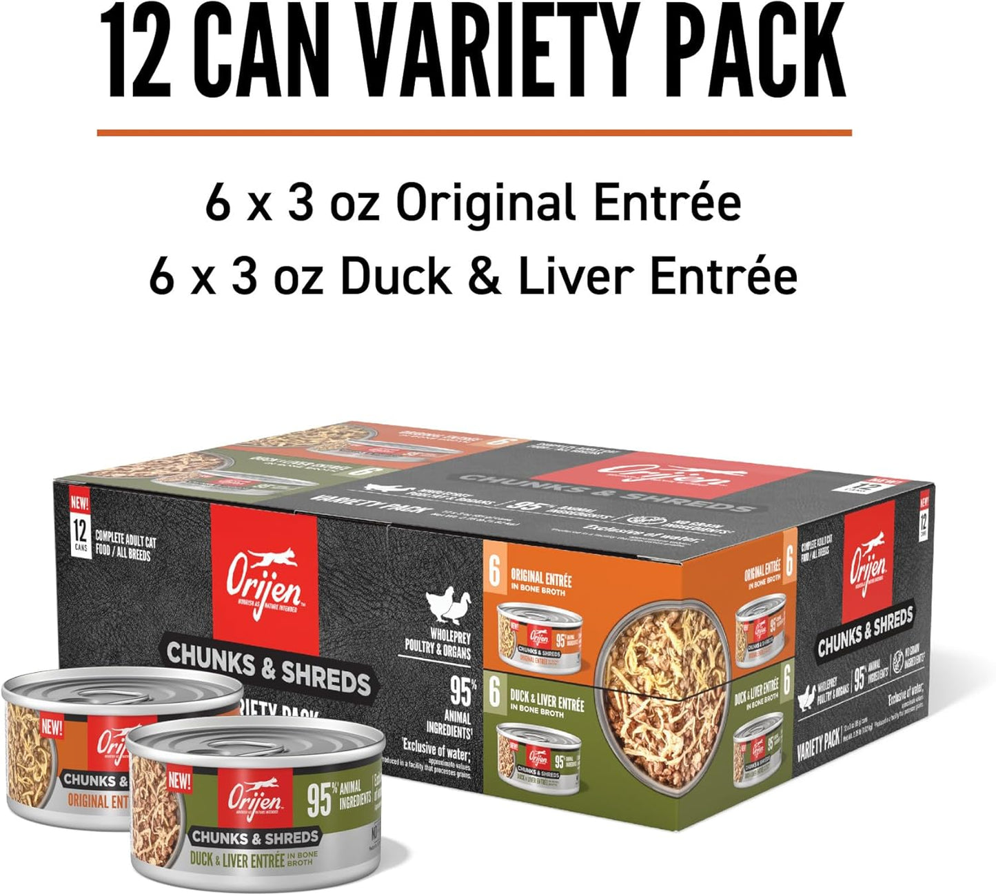 Chunks & Shreds Wet Cat Food Variety Pack: Original + Duck & Liver Recipes 3Oz Cans (12 Count, 6 of Each)