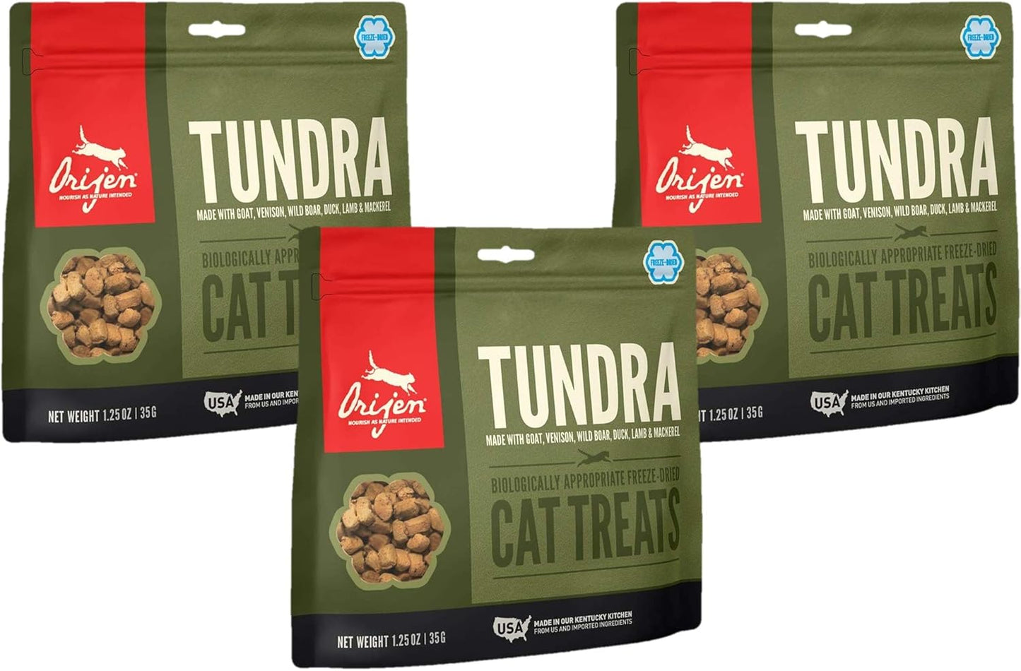 3 Pack of Tundra Cat Treats, 1.25 Ounces Each, Freeze-Dried, Grain-Free, Made in the USA