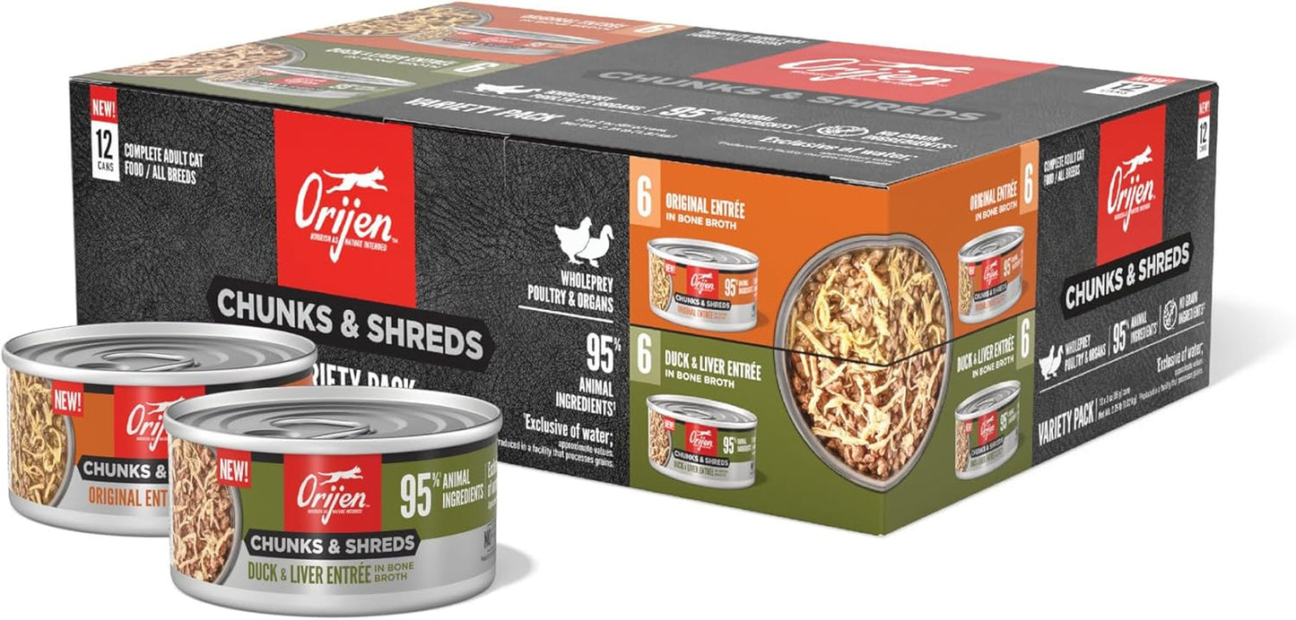 Chunks & Shreds Wet Cat Food Variety Pack: Original + Duck & Liver Recipes 3Oz Cans (12 Count, 6 of Each)