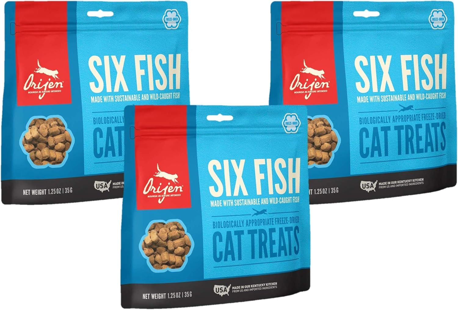 3 Pack of Six Fish Freeze-Dried Cat Treats, 1.25 Ounces Each, Made in the USA
