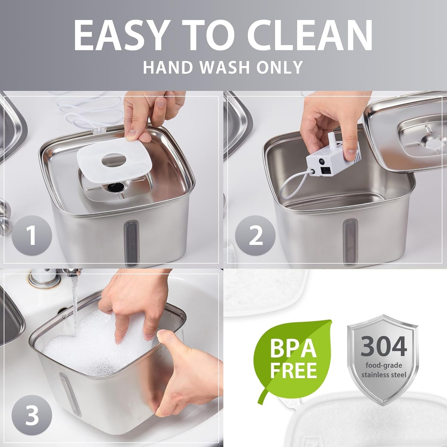 Award-Winning Stainless Steel Automatic Pet Water Fountain, 95Oz/2.8L with Replacement Filters and Silicone Mat for Cats and Dogs (Silver)