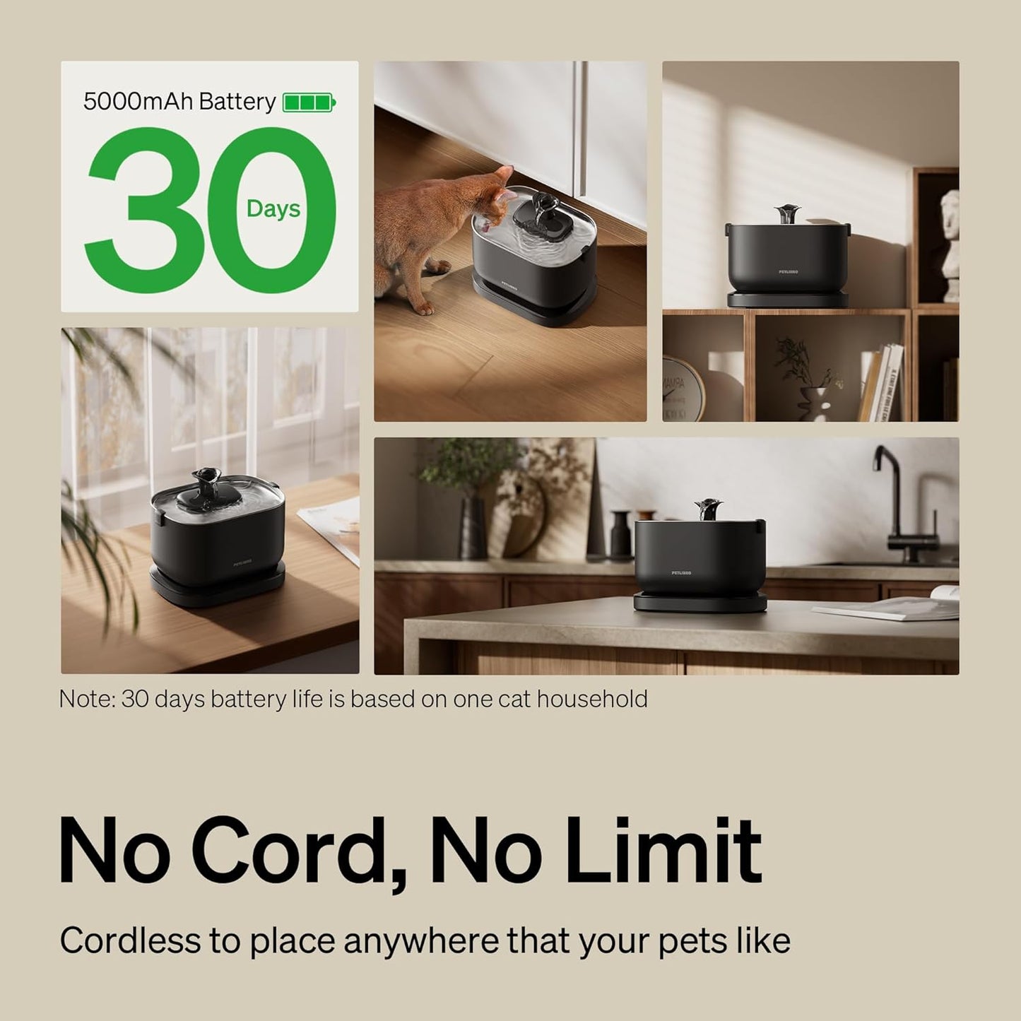 Cordless Cat Water Fountain - 2.5L Battery Operated Indoor Water Dispenser with Stainless Steel Tray, BPA-Free and Easy to Clean