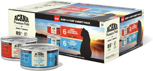 Premium Pate Wet Cat Food in Bone Broth Variety Pack: Surf and Turf – Beef Chicken & Tuna + Tuna & Chicken Recipes 3Oz Cans (12 Count, 6 of Each)