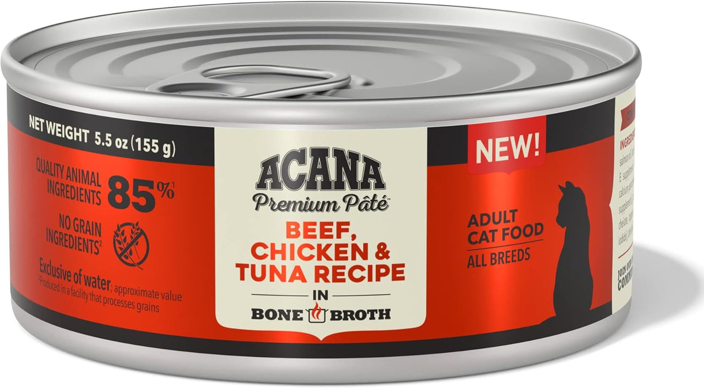 Premium Pate Wet Cat Food in Bone Broth Beef Chicken + Tuna Recipe 5.5Oz Cans (12 Count)