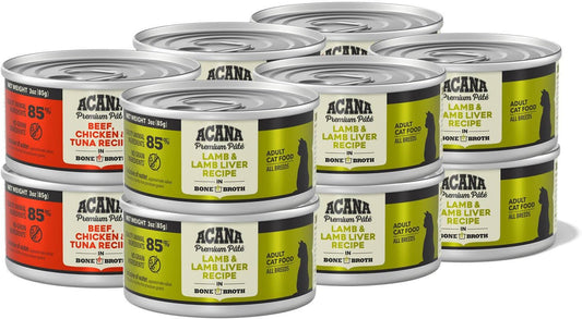 Premium Pate Wet Cat Food in Bone Broth Variety Pack: Beef Chicken & Tuna + Lamb 3Oz Cans (12 Count, 6 of Each)