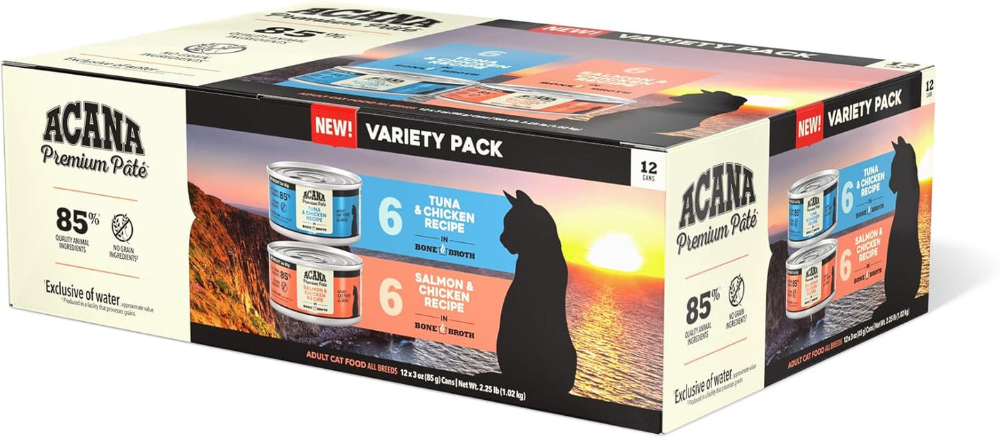 Premium Pate Wet Cat Food in Bone Broth Variety Pack: Salmon & Chicken + Tuna & Chicken Recipes 3Oz Cans (12 Count, 6 of Each)