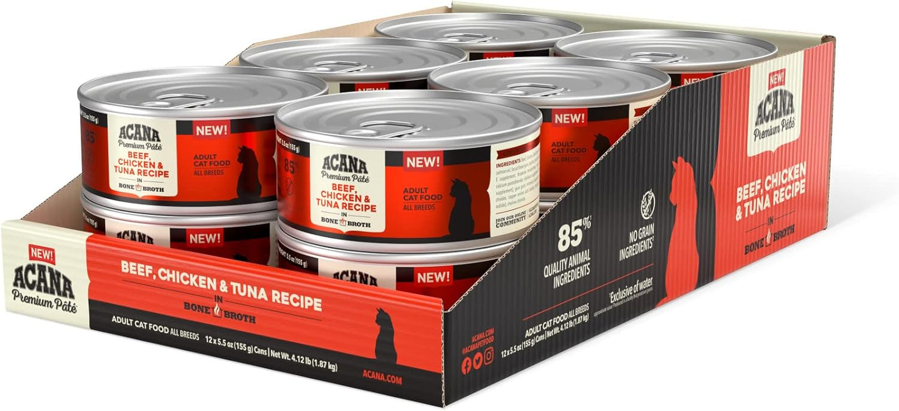 Premium Pate Wet Cat Food in Bone Broth Beef Chicken + Tuna Recipe 5.5Oz Cans (12 Count)