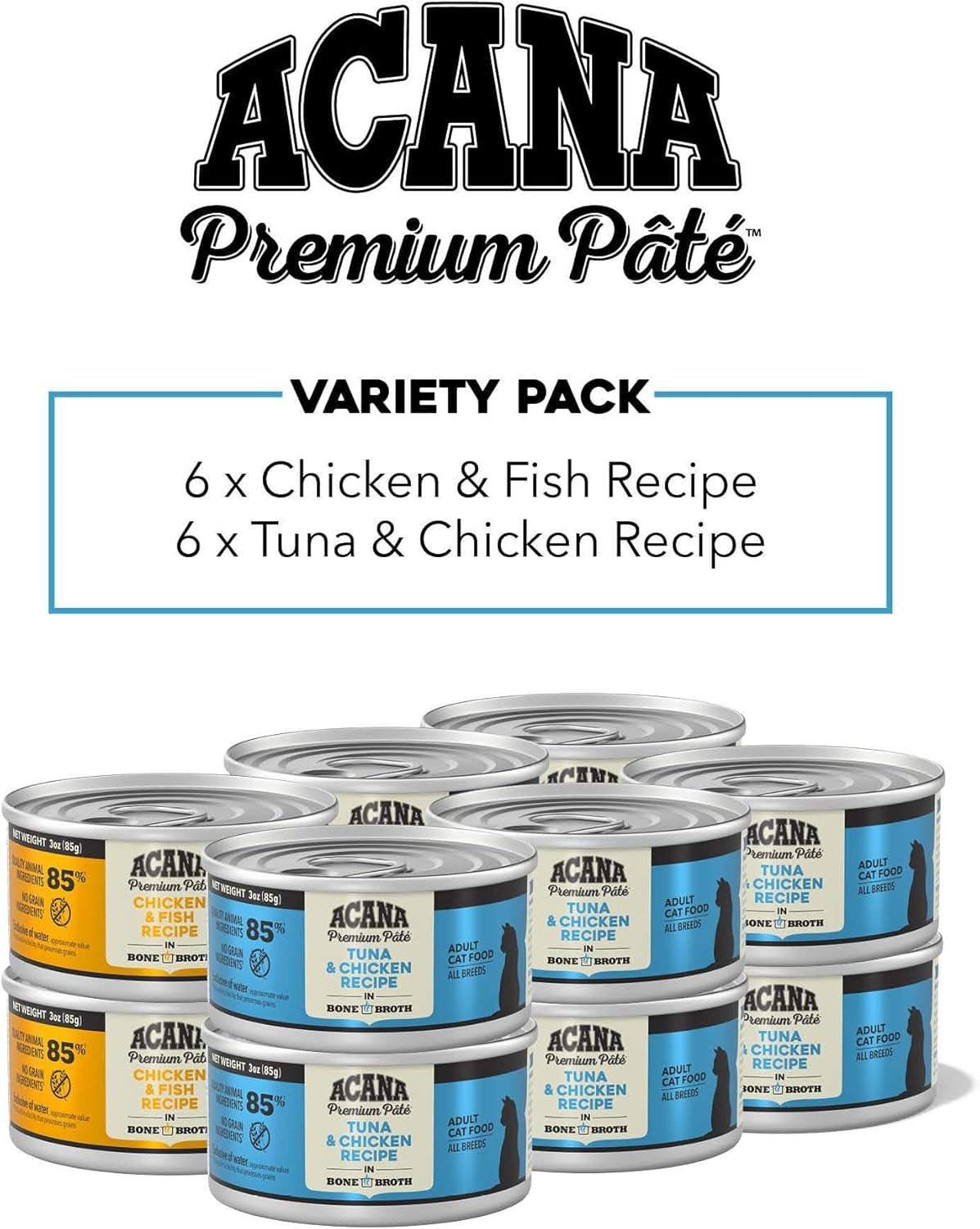 Premium Pate Wet Cat Food in Bone Broth Variety Pack: Chicken & Fish + Beef Chicken & Tuna Recipes 3Oz Cans (12 Count, 6 of Each)