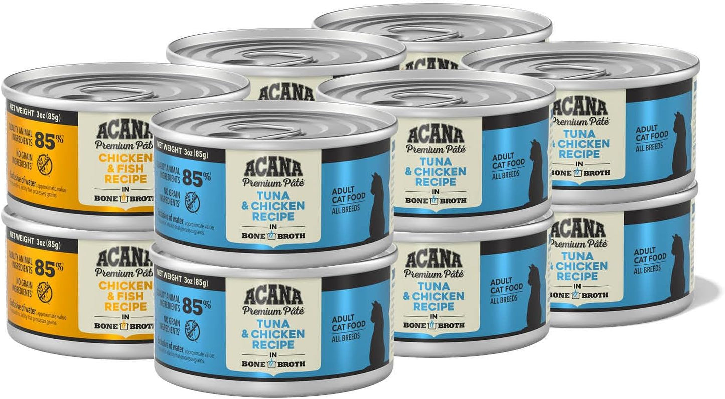Premium Pate Wet Cat Food in Bone Broth Variety Pack: Chicken & Fish + Beef Chicken & Tuna Recipes 3Oz Cans (12 Count, 6 of Each)