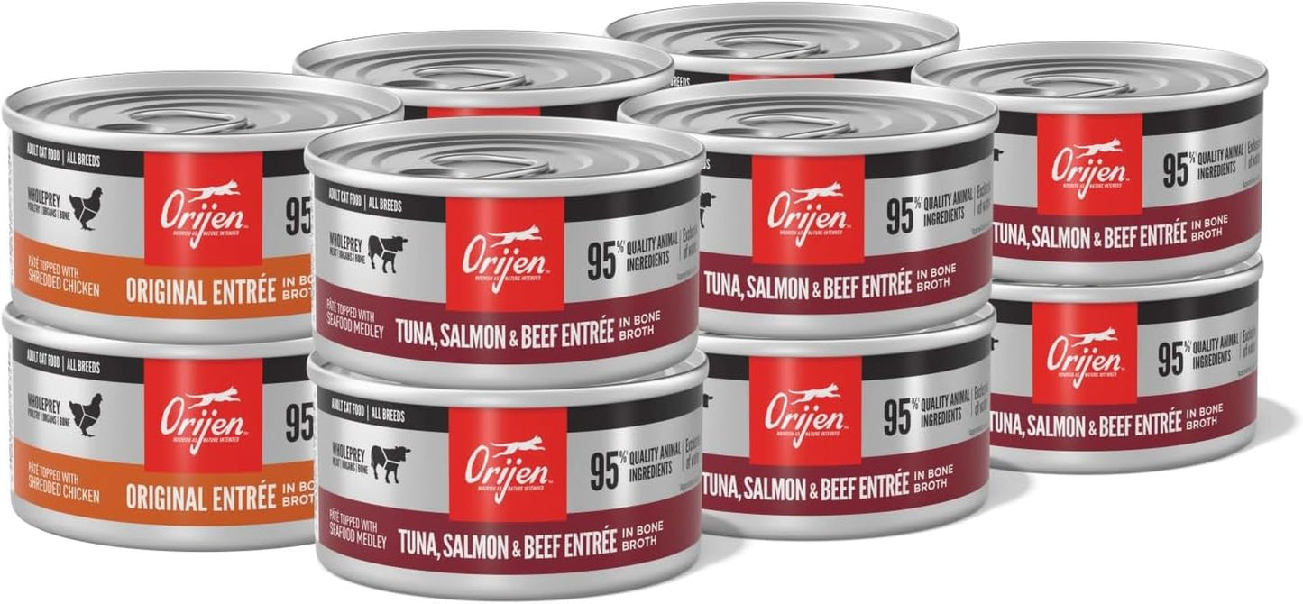 Premium Pate Wet Cat Food Variety Pack: Tuna Salmon & Beef + Original Entrées 3Oz Cans (12 Count, 6 of Each)
