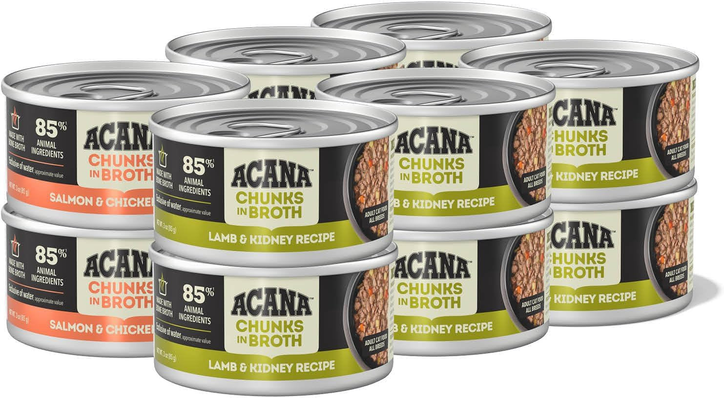 Chunks in Broth Wet Cat Food Variety Pack: Salmon & Chicken + Lamb & Kidney Recipes 3Oz Cans (12 Count, 6 of Each)