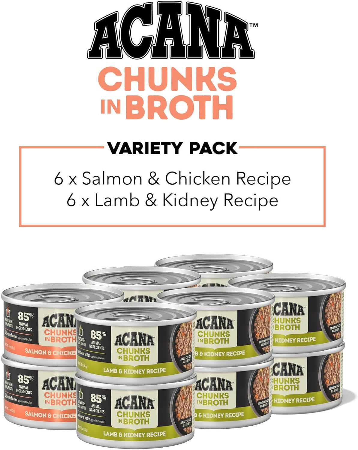 Chunks in Broth Wet Cat Food Variety Pack: Salmon & Chicken + Lamb & Kidney Recipes 3Oz Cans (12 Count, 6 of Each)