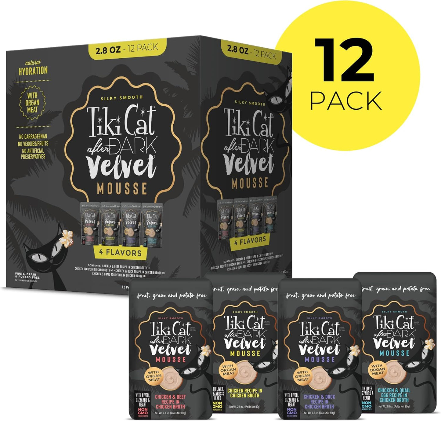 Tiki Cat after Dark, Velvet Mousse, Variety Pack, Grain & Potato Free Formula, with High Protein & Nutrient Dense Blended Irresistible Organ Meat, 2.8 Oz. Pouch (Pack of 12)