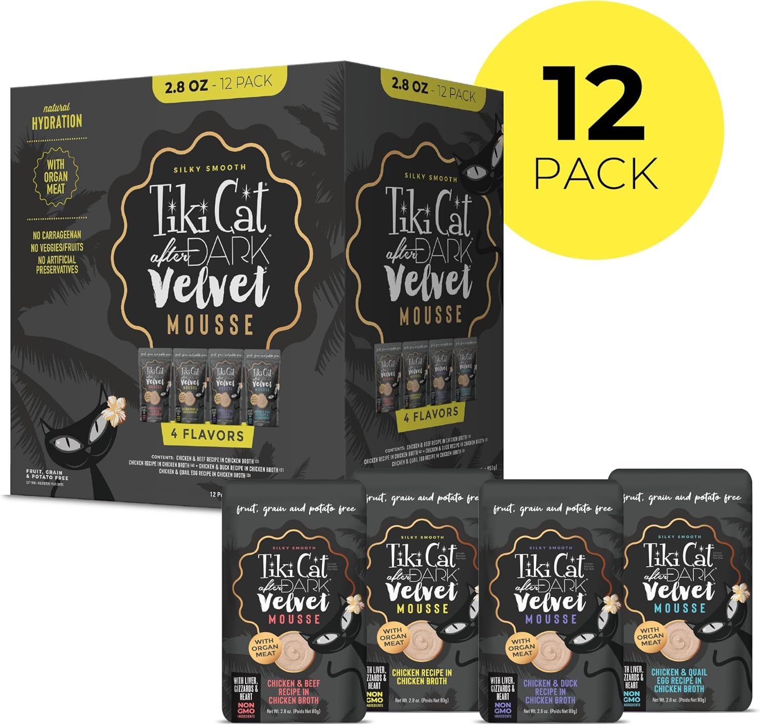 Tiki Cat after Dark, Velvet Mousse, Variety Pack, Grain & Potato Free Formula, with High Protein & Nutrient Dense Blended Irresistible Organ Meat, 2.8 Oz. Pouch (Pack of 12)