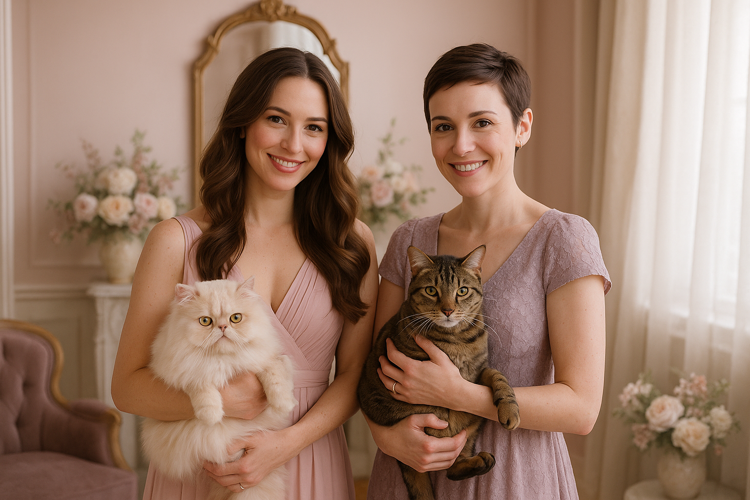 genera una pareja de mujeres con gatos en los brazos en una habitación de color pastel elegante