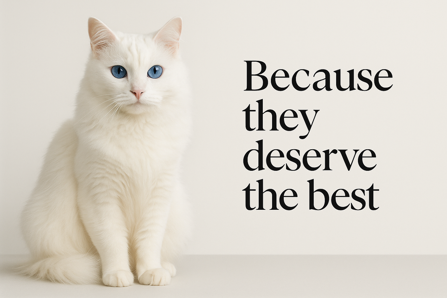 un gato blanco con ojos azules en cuerpo completo a la izquierda y en la parte derecha un titulo que diga Because they deserve the beast